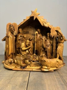 Hand Carved Olive Wood Nativity Set Scene 13 Figures & Stable - Picture 1 of 19