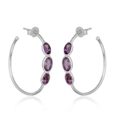 Pendientes de aro hechos a mano de plata de ley 925 con piedras preciosas de amatista joyería Foto 1 de 3