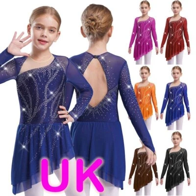 UK Kid Girls Figure Skating Lyrical Dance Dress Figure Ice Skating Leotard Dress - Image 1 of 3