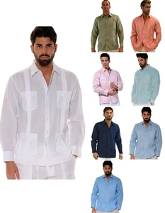 Mens Bohio 100% Ramie Cuban Guayabera Classic Long Sleeve 4-Pkt. Shirt - MLS501 - Picture 1 of 24