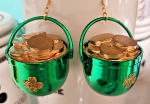 GRANDES PENDIENTES DE GANCHO IRLANDÉS 925 DE SAN PATRICIO OLLA VERDE DE ORO hechos a mano EE. UU. Nora - Imagen 1 de 6