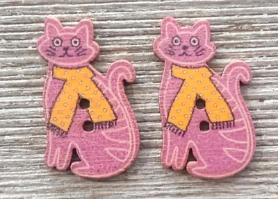 2 botones de costura bufanda amarilla gato púrpura artesanía madera 2 agujeros 1 1/8"  Foto 1 de 2