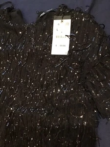 NEW ZARA Black FRINGED SEQUIN SHORT DRESS ROUND NECK SHORT SLEEVE Size L - Picture 1 of 3