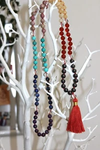 GENUINE GEM STONE SEVEN CHAKRA JAPA MALA 108 MEDITATION ROSARY PRAYER YOGA BEADS - Picture 1 of 18