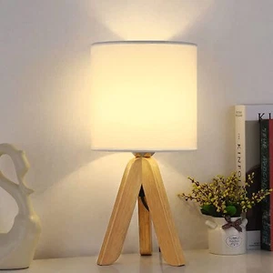 Wooden Tripod Nightstand Lamp Small Bedside Table Lamp for Living Room Bedroom - Picture 1 of 11