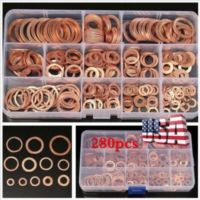 280X Assorted Solid Copper Crush Washers Seal Flat Ring Hydraulic Fittings Set Foto 1 de 4