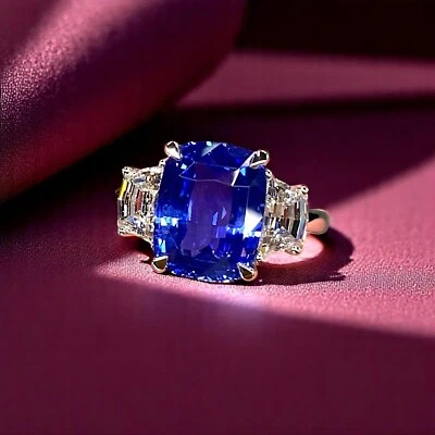 Anel de diamante de pedra preciosa de safira azul cultivado em laboratório 6,12 quilates corte almofada 950 platina - Imagem 1 de 4