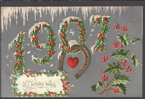 My Birthday Wishes Embossed Holly Red Berries Year ~ 1907 Undivided Back UDB - Picture 1 of 2
