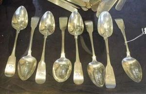 8 STERLING SILVER TABLE SPOONS IRISH 1811 SQUIRREL CRESTS R.SAWYER DUBLIN 481GR - Picture 1 of 11