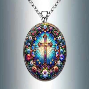 Religious Oval Pendant Necklace With Cross Design Fashionable Romantic Jewelry - Picture 1 of 4