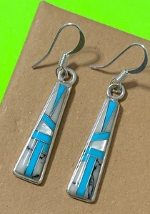 NAVAJO Sterling Silver White Buffalo Turquoise Geometric Inlay 925 Earrings - Picture 1 of 5
