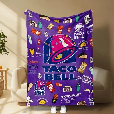 Taco Bell Themed Flannel Blanket, Bold Graphics Tacos Drinks Sauce Packs 60*80in