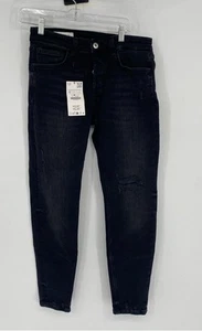 Zara Mens Black Denim Dark Wash Pockets Distressed Skinny Jeans Size 32 - Picture 1 of 10