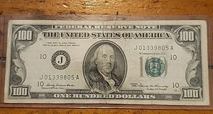 Old Small Head 1969 $100 Bill Serial Number J01339805A 66 Years Old - Picture 1 of 6