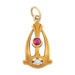 Antiker 14k Gelbgold Rubin Perle Art Deco Charm Anhänger - Bild 1 von 4