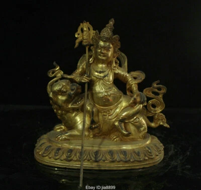 Tibetan Buddhism Bronze Gilt Vaishravana On Lion Protector Deity Buddha Statue - Image 1 of 4
