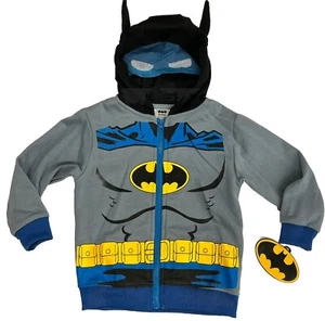 Batman Fleece Zip Hoodie Jacket Boys 3T Toddler Gray Superhero Costume Mask Ears - Picture 1 of 2