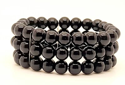 Pulsera elástica B001 estilo simple 8 mm 3 líneas color negro perla boda nupcial Foto 1 de 4