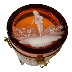 Antike böhmische Maria Gregor geätzte Braunglas Kommode mit Fuß Schmuckschatulle - Bild 1 von 12
