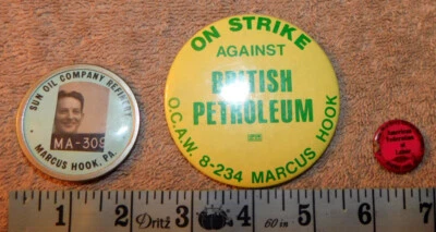 Vintage Name Badge Sun Oil Co ID Pin Marcus Hook Refinery BP On Strike Button - Image 1 of 4