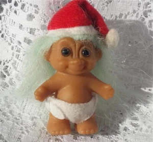 Vintage Russ 2" Baby Santa Clause Troll Doll Pale Blue Hair Santa Hat and Diaper - Picture 1 of 3