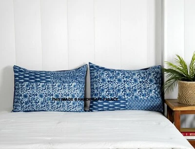 1 PC Indigo Patch Kantha Pillow Sham Handmade Kantha Lumbar Pillow 12x20 inch - Image 1 of 3