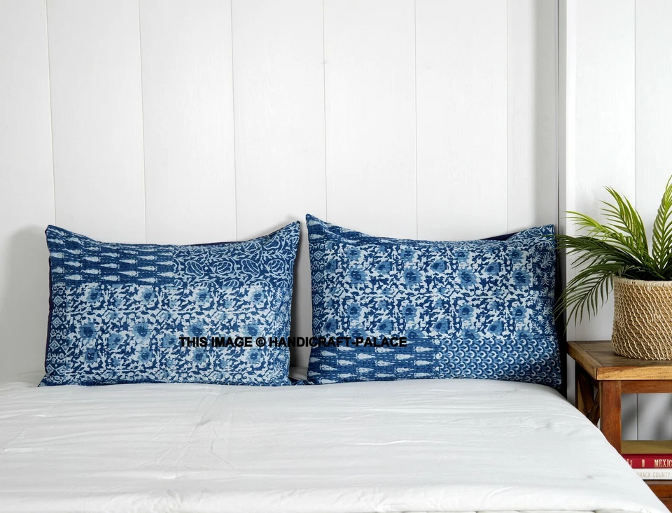 2 PC Indigo Patch Kantha Pillow Sham Handmade Kantha Cushion Cover Bed Throw 28" - Image 1 of 3