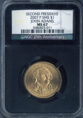 2007-P John Adams Dollar NGC MS67 SMS  2nd U.S. President - Black Holder - Image 1 of 2