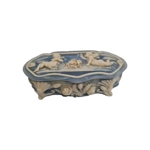 Incolay Blue Box Cherub Flowers Lidded Jewelry Trinket Box Sticker Inside USA - Picture 1 of 15