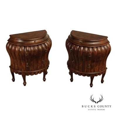 Vintage Pair Of Italian  Walnut Bombe Nightstands Commodes With Scalloped - Image 1 of 4