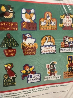 Dimensions 12 DAYS OF CHRISTMAS Plastic Canvas ORNAMENTS KIT NEW SEALED VTG 1990 - Image 1 of 4