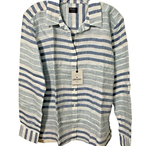 UNTUCKit Women's 100% Linen Long Sleeve Striped Shirt Sz 4 Vaca Navy Casual NWT - Picture 1 of 6