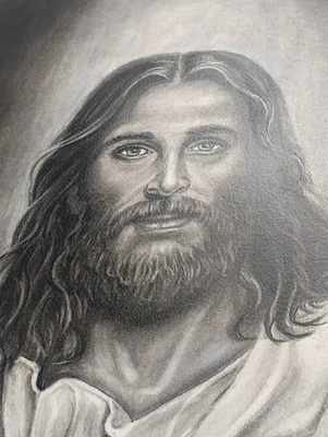 Dibujo a lápiz y carbón original retrato religioso de Jesucristo de colección Foto 1 de 4