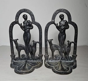 Sujetalibros antiguos Art Deco belleza desnuda entre galgos hierro fundido años 20 marcados - Imagen 1 de 9