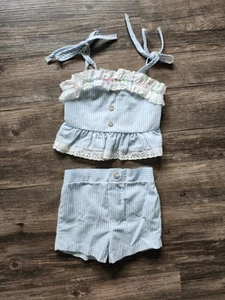 Vintage King Kole Blue Striped Ruffle Top and Shorts Outfit - Picture 1 of 5