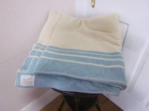 VINTAGE LACONIA WOOL COTTON BLEND BLANKET CREAM WITH BLUE STRIPED ENDS - Picture 1 of 8