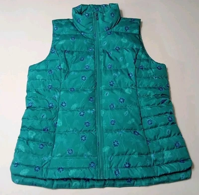 Lands' End Puffer Vest Sz Medium (10-12) Goose Down Fill 600 Teal Green Floral - Image 1 of 4