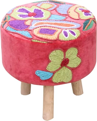 Elke Pink Velvet Embroidered round Pouf Ottoman – 16" Handcrafted Upholstered Fl - Image 1 of 4