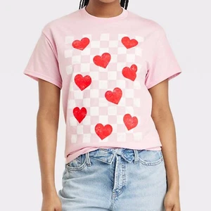 Valentine's Day Hearts Check Short Sleeve Graphic T-Shirt - Light Pink Size XL - Picture 1 of 4