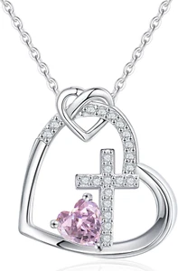 Cross Necklace Christian Gifts for Women Heart Birthstone Necklace Religious Bir - Picture 1 of 12