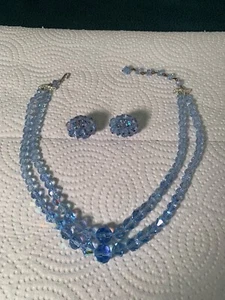 Vtg 50s mid century Crystal Necklace Clip Earrings Matching Set Double Strand - Picture 1 of 18