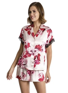 Lilac + London SATIN Pajama Set Shirt & Shorts Large - Light P Floral -New $42 - Picture 1 of 2