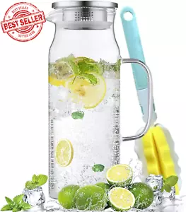2 Litre 68 Oz G Glass Water Jug with Lid and Handle, Fridge Jug, Iced Tea - Picture 1 of 12