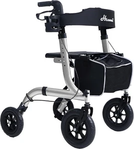 Rollator Walker Lightweight Foldable All Terrain Henmnii 10" Rubber Wheel SILVER - Picture 1 of 16