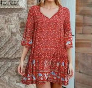 Zanzea Dress Womens Plus 5XL Red Floral Print Pullover V-Neck Bohemian Tent - Picture 1 of 11
