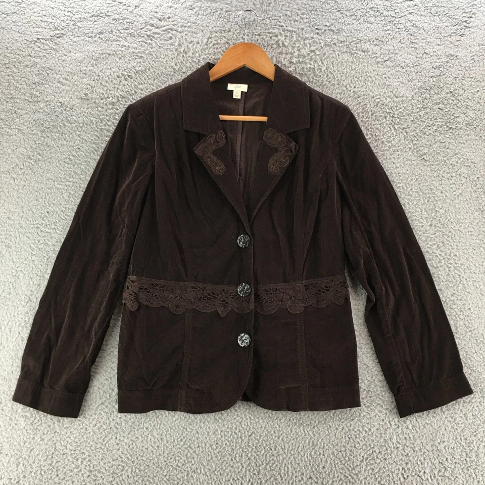 J. Jill 灯芯绒西装外套夹克女式小号棕色钩针细节领棉 — 第 1/4 张图片