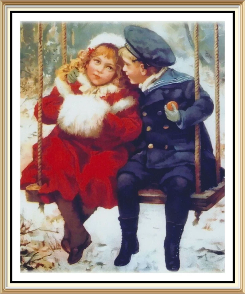 Estampa de arte namorados vitorianos THE SWING menino terno marinheiro menina em casaco vermelho - Imagem 1 de 1