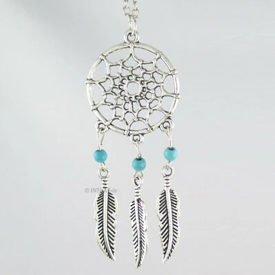 Traumfänger - Anhänger mit Kette Spinnennetz Federn 3 Perlen silber türkis |Tf02 - Bild 1 von 4