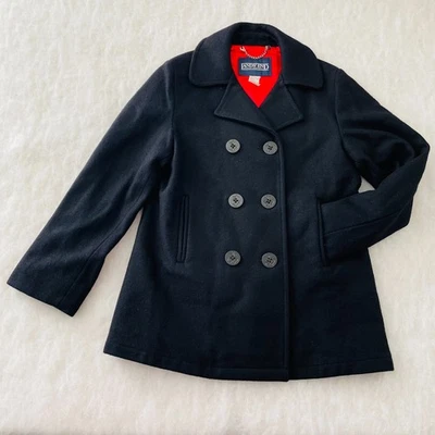 Abrigo vintage Lands' End para mujer negro clásico mezcla de lana doble botonadura guisante talla 10 Foto 1 de 4