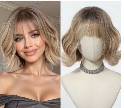 Pelucas sintéticas onduladas Bob con flequillo para mujer marrón oscuro peluca de fiesta diaria de 16 pulgadas Foto 1 de 4